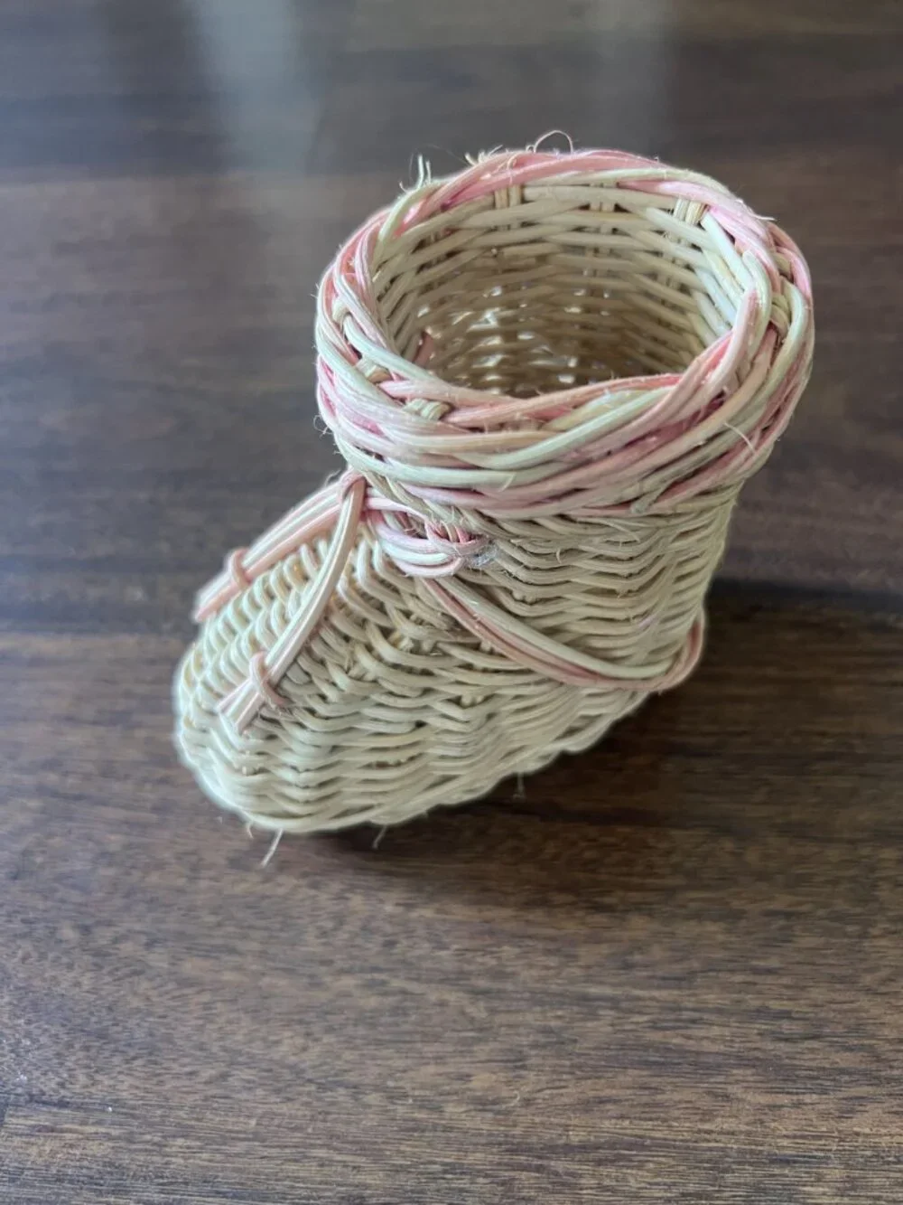 Woven Wicker Rattan Baby Boot Basket Pink Laces Small Decorative
